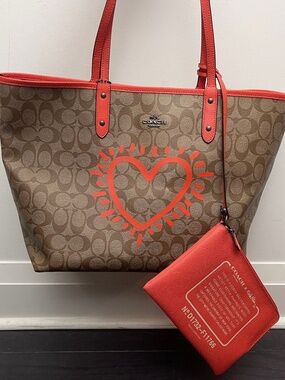 Coach x Keith Hering reversible Brown/Orange tote Leather bag Heart handbag